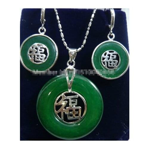 Beautiful silver plate jade FU pendant necklace Earrings set