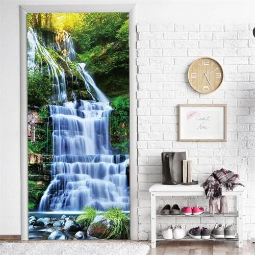 Landscape Home Decoration Door Stickers Waterfall Natural Forest Bedroom Living Room Decoration Door Decals Waterproof Two-Piece