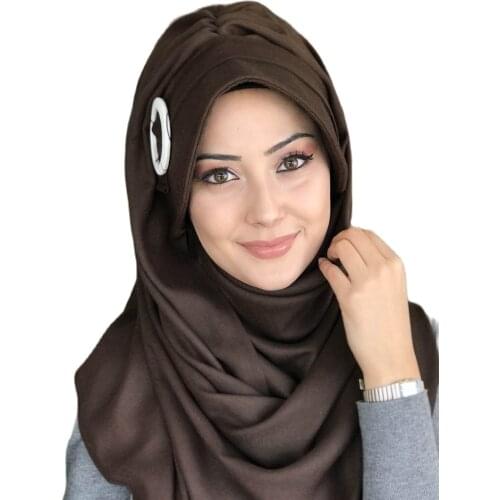 New Fashion Hijab 2021 Women Muslim Chiffon Headscarf Islamic Turban Womens Hat Dark Brown Color Buckled Hat Shawl