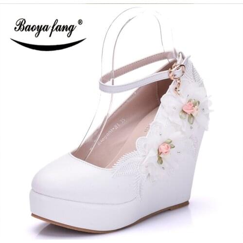 BaoYaFang New Arrival White Flower Womens wedding shoes Bride Wedges Ankle Strap Ladies party dress shoes woman paltform shoes