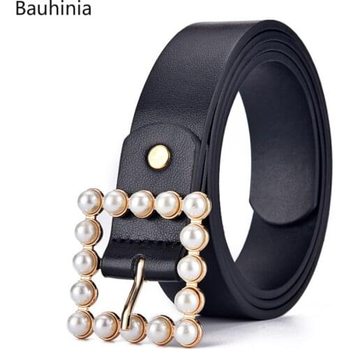 New Style 110x3cm Pearl Decoration Ladies Pin Buckle Belt Fashion All-match Back/White Dress Belt 2021