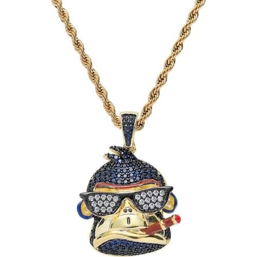 Hip Hop Micro Paved Blue CZ Stone Bling Ice Out Cool Smoking Monkey Orangutan Pendants Necklace for Men Rapper Jewelry Gold