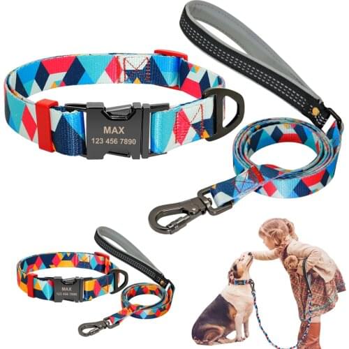 Custom Dog Collar Leash Set Personalized Printed Nameplate ID Collars Nylon Dog Lead For Leash Engraved Pet Tag Collar Pitbull