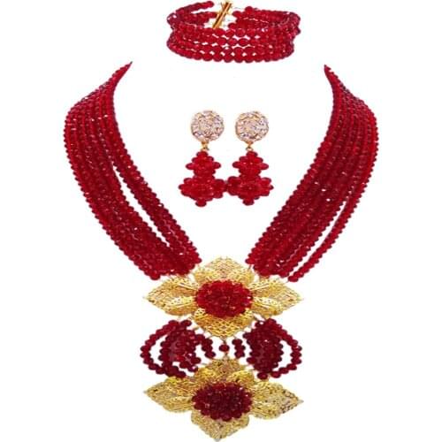 Lovely Wine African Wedding Beads Nigerian Necklace Jewelry Set for Women 6HLK06