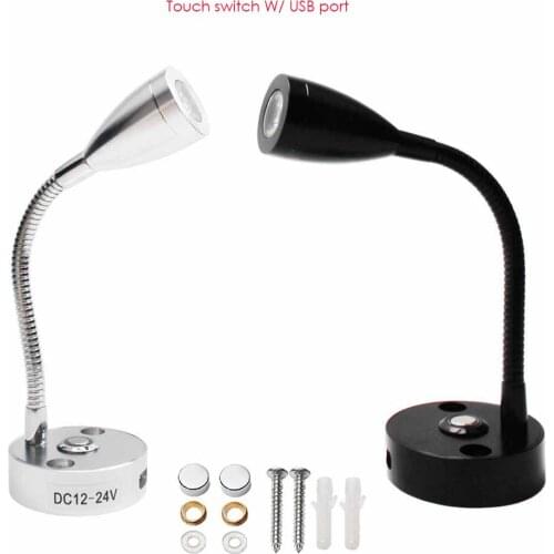 DC12V 24V 3W RV Boat LED Reading Light Dimmable Flexible Gooseneck Wall Lamp for Bedroom Interior Motorhom with USB Charger Port