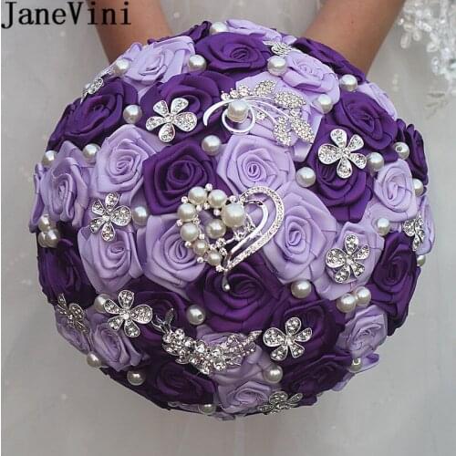 JaneVini Luxury Purple Rose Wedding Bouquet For Brides Crystal Satin Pearl Artificial Flower Wedding Brooch Bridal Bouquet Beads