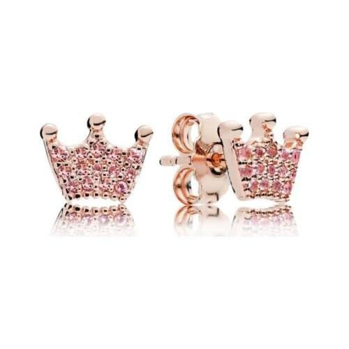 925 Sterling Silver Pan Earring Rose Pink Enchanted Crown With Crystal Stud Earring For Women Wedding Gift Fine Jewelry