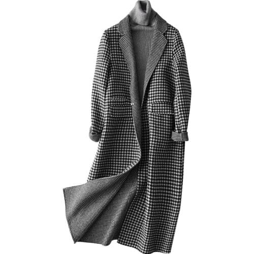 Houndstooth Wool Coat Female 2020 Autumn Winter Jacket Women Long England Style Plaid Double-side Woolen Coats Outerwear YQ381