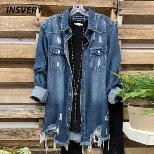 Blue Denim Jackets Women Long Sleeve Outerwear Female Coat Autumn Casual Women Coat Jacket Hole Design Ripped Jeans Jacket