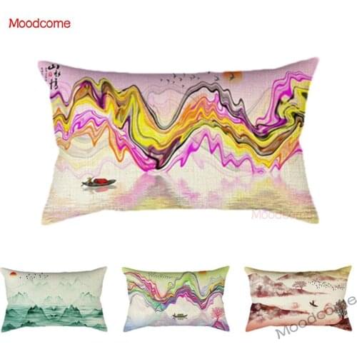 Modern Art Mixed Chinese Traditional Ink Painting River Mountain Tree Birds Scenery Abstract Decorative Pillowcase Cushion Cover