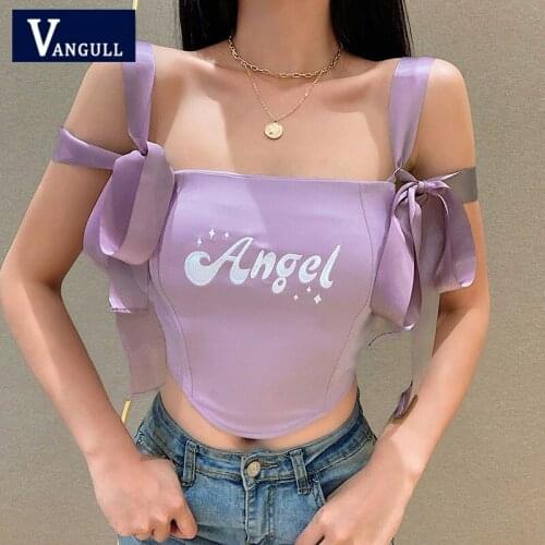 Vangull Purple Bow Girdle Letter Print Camisole Tank Women Summer New Slim Sleeveless Backless Streetwear Ladies Vest Sexy Tops