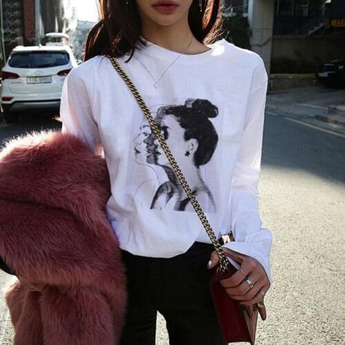 New Fashion T-shirts Woman Spring Summer Girls Print Full Sleeve O-Neck Loose Women Tops Slim Fit Soft Women Tshirt Plus Size