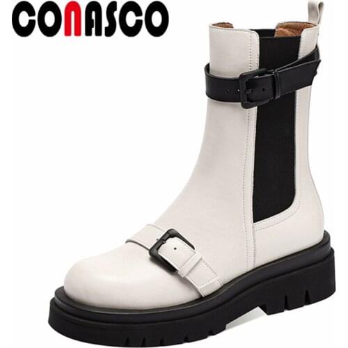 CONASCO Retro Brand Women Ankle Boots Autumn Winter Warm Cow Leather Party Prom Office Boots New Design Mixed Colors Shoes Woman