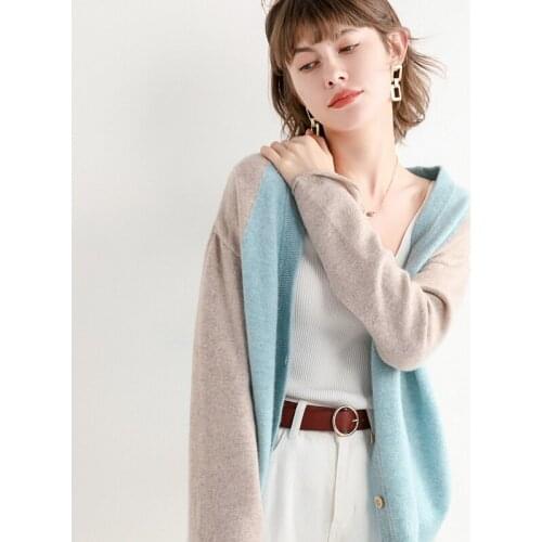 2021 New Ladies Cashmere Color-blocking Cardigan V-neck Sweater Spring and Autumn Winter Womens long-Sleeved Wool Knit Solid Co