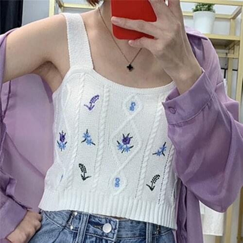 Women Knitted Crop Camis Top Ladies Floral Embroidery Knitted Short Vest Summer Sweater Vintage Tank Crop Camis Top