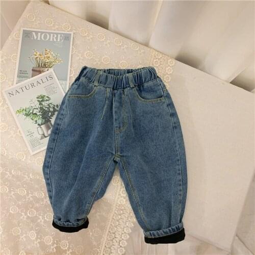 Winter New Childrens Jeans 2021 Baby Boys Casual Plus Velvet Denim Pants Korean Solid Thick Warm Jeans For Girls Kids Trousers
