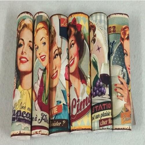 15x15cm 6 Designs Vintage Lady In Food Poster Printed Cotton Canvas Fabric telas Patchwork tissu for sewing coinbag DIY Handmade