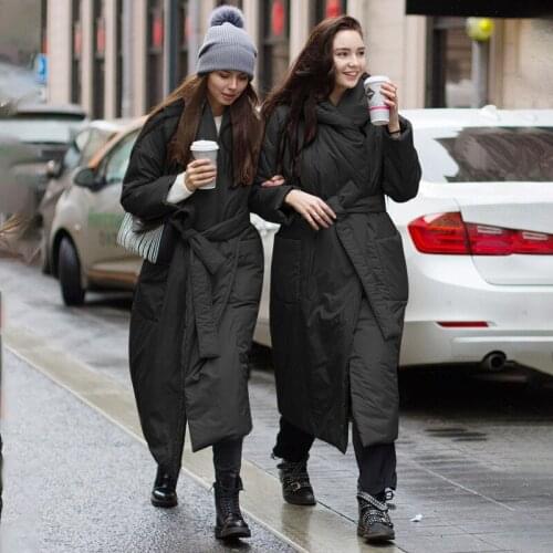 2021 Winter Women Long Coat Outwear Fashion Warm Hooded Casual Street Black Jacket Sash Solid Female Parkas Parkas