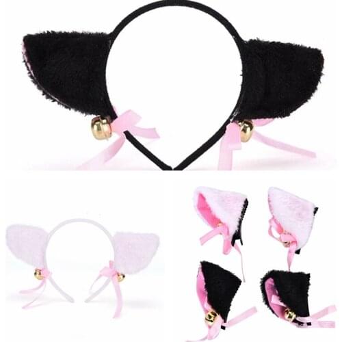 White Black Cat Ears With Bell Hair Clip Cosplay Party Fox Long Fur Costume Hair Clip headband set Halloween Gift Hair Accessory