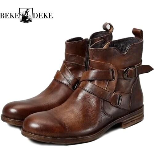 Retro Side Zip Genuine Leather Ankle Boots Men Luxury Brand Black Brown Round Toe Motorcycle Boot Business Casual Buckle Booties