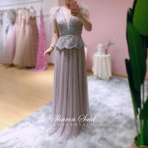 Champagne Beaded Feathers Evening Dresses Long Luxury 2021 Dubai Women Formal Dress for Wedding Party Prom Gowns with Peplum