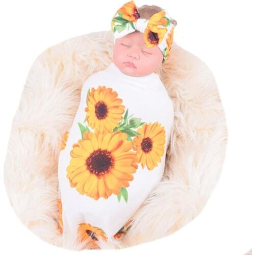 Infant Newborn 2 Piece Sleep Wrap Sets Cute Printed Baby Floral Swaddle Blanket + Bowknot Headband