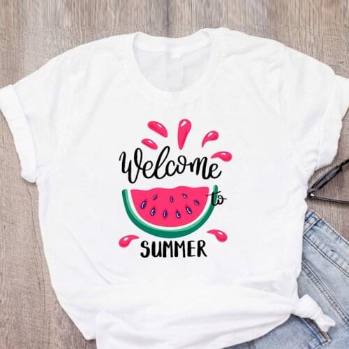 Welcome Summer Watermelon Fruit Women Graphic Sweet Cute Ladies Printing Clothes Lady Tees Tops Female T Shirt Womens T-Shirt