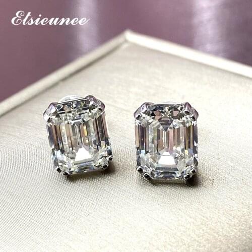 ELSIEUNEE 100% Real Silver 925 Jewelry Earrings Asscher Cut Simulated Moissanite Diamond Gemstone Stud Earrings Women Girls Gift
