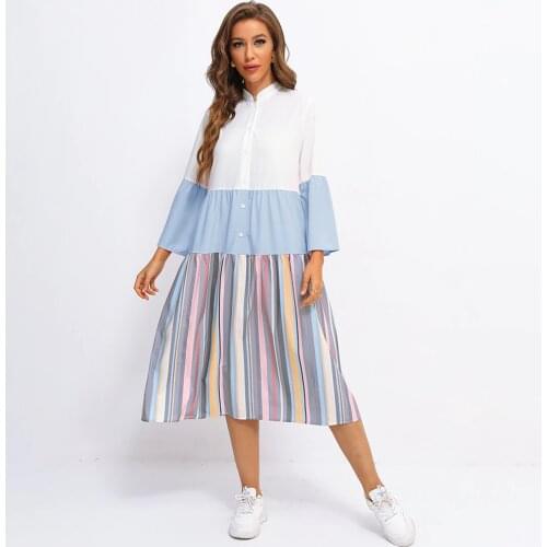 Fridayin 2021 Female Spring Casual Patchwork Striped Long Sleeve Dress Matching Loose Shirt Beach Vestidos