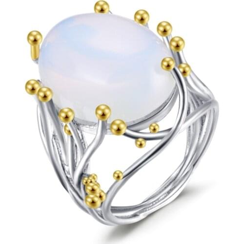 FYJS Unique Light Yellow Gold Color Oval Shape Moon Stone Wedding Ring for Elegant Women Jewelry