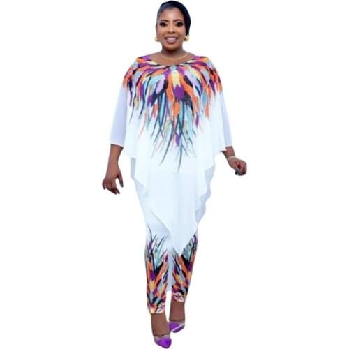 Dashiki Two Piece Pant Matching Set 2021 Traditional African Clothing Women Africaine Bodycon Tops And Pants African Clothes
