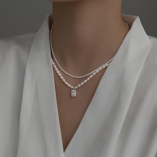 MloveAccc 100% Authentic 925 Sterling Silver Pearl & Square Zircon Short Choker Necklace Pendant Jewelry