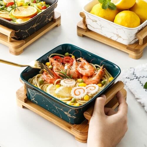 Nordic creative fruit salad bowl wooden frame square marble ceramic fruit bowl simple square dessert plate