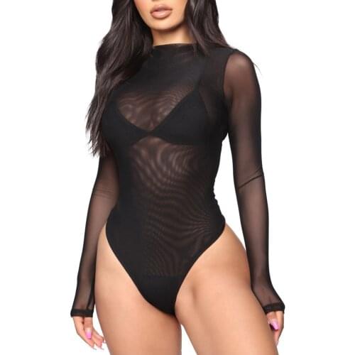 Lace Mesh Perspective Bodysuit Women Long-sleeve Skinny Body Mujer Bodycon Sexy Lingerie Jumpsuit High Elastic Bodysuits Female