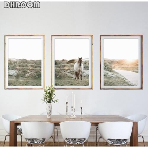 Wall Art Nordic Landscape Nature Canvas Painting Wall Decor Horse In Sunrise Poster Wall Pictures Print for Living Room