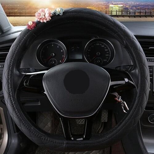 New Full Leather Auto Car Steering Wheel Cover with Flowers Breatheable Anti-skid for Girl Women Car Interior Styling
