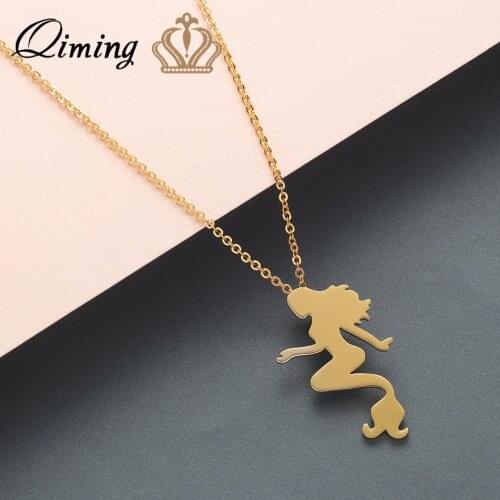 QIMING Pure Mermaid Pendant Necklace Figure Gold Women Girls Vintage Jewelry Necklaces Lady Gift
