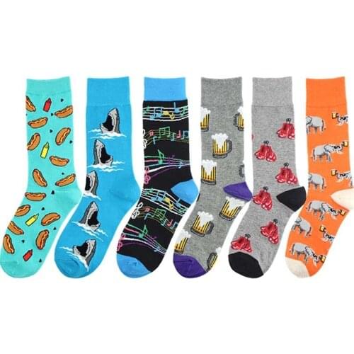 PEONFLY 1 Pair Men Socks Combed Cotton Cartoon Animal Elephant Shark Note Beer Novelty Funny Socks Casual Harajuku Skarpetki