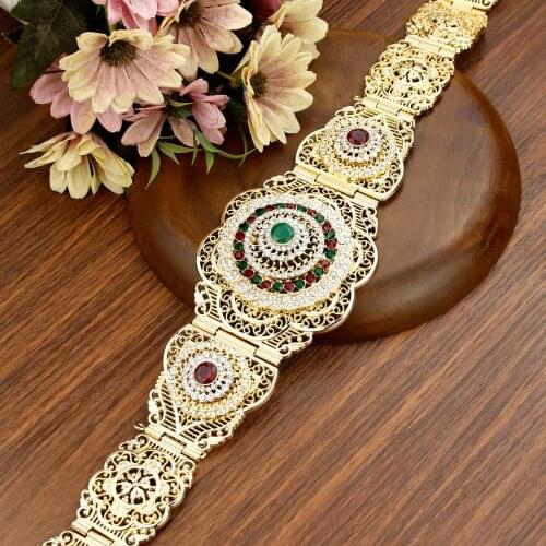 Neovisson Gold Color Morocco Jewelry Crystal Flower Women Caftan Belt Arab Robe Waist Chain Ethnic Wedding Bride Bijoux 2021