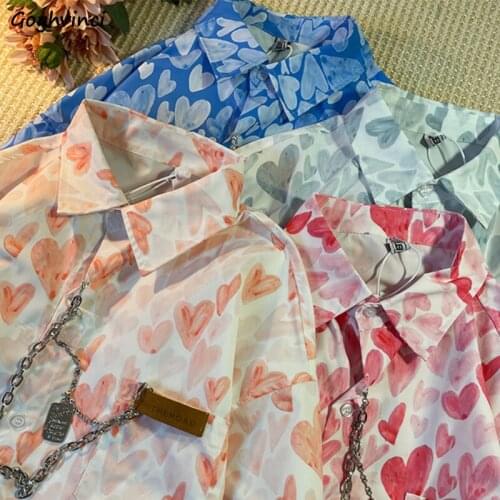 Shirts Women Colorful Sweet Heart-print Short Sleeve Chain Stylish Summer Turn-down Collar Candy Color Holiday Leisure Baggy BF