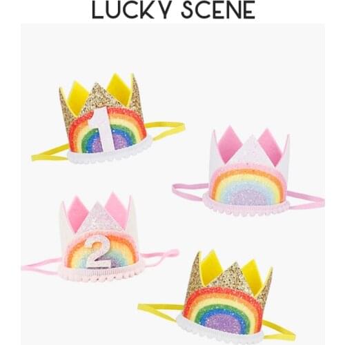Birthday Girl Hat Baby Birthday Party Glitter Rainbow Felt Lace Party Crown Baby 1 Year Old First Month Hat S00789