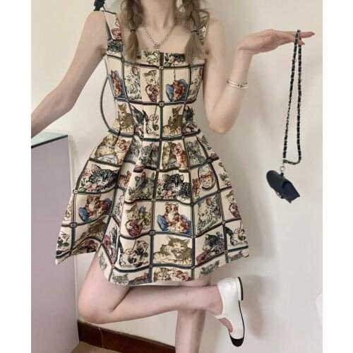 Cute retro cat print waist puffy dress