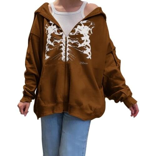 Ladies Printed Bones Zipper Hooded Jacket Adult Autumn Hollow Printed Long Sleeve Cardigan Casual Jacket With Drawstring Pocket