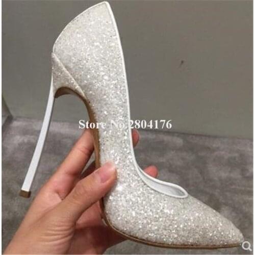 Women Bling Bling Pointed Toe Silver White Sequined Metal Stiletto Heel Pumps 12cm Sexy Charming High Heels Wedding Club Shoes