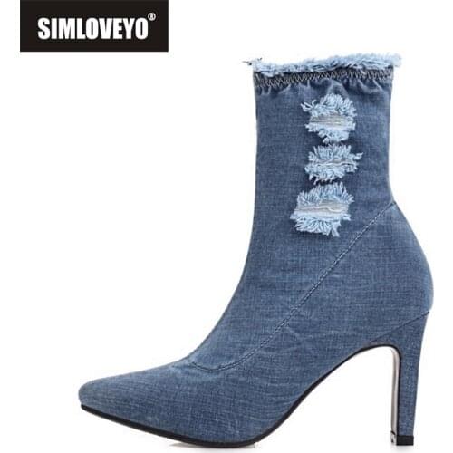SIMLOVEYO Autumn Winter Women Mid-Calf boots Pointed toe Chunky heel Denim Slip-on Solid Big size 33-43 Blue Casual Date B2071