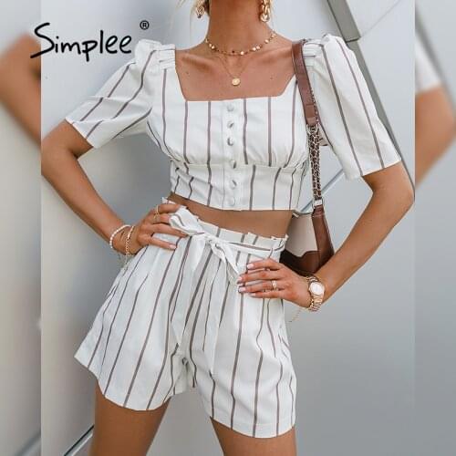 Simplee Casual stripe sash two pieces women set office lady Summer puff sleeve crop top flower bud shorts Button square suit new