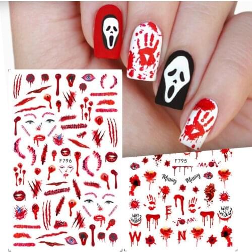 2Pcs/Set Bloody Nail Horror Sticker Halloween Patterns Red Eyes Unique Hands Sliders Suture Scars DIY Nail Art Stickers Manicure