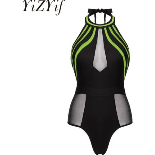 2020 Summer One-Piece Swimsuit Women Swimwear Mesh Patchwork Monokini Halter Neck Sleeveless Backless Beach Bathing Suit Female