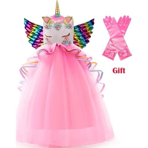 2021 New Baby Girls Dress Flower Girls Wedding Party Dress Toddler Kids Birthday Vestidos Long Unicorn Rainbow Dresses 4 to 12 Y