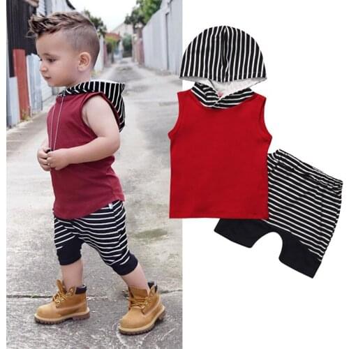 Toddler Kids Baby Boy Sleeveless Hooded Vest Tops Striped Pants 2pcs Summer Boys Outfit Set 0-4Y